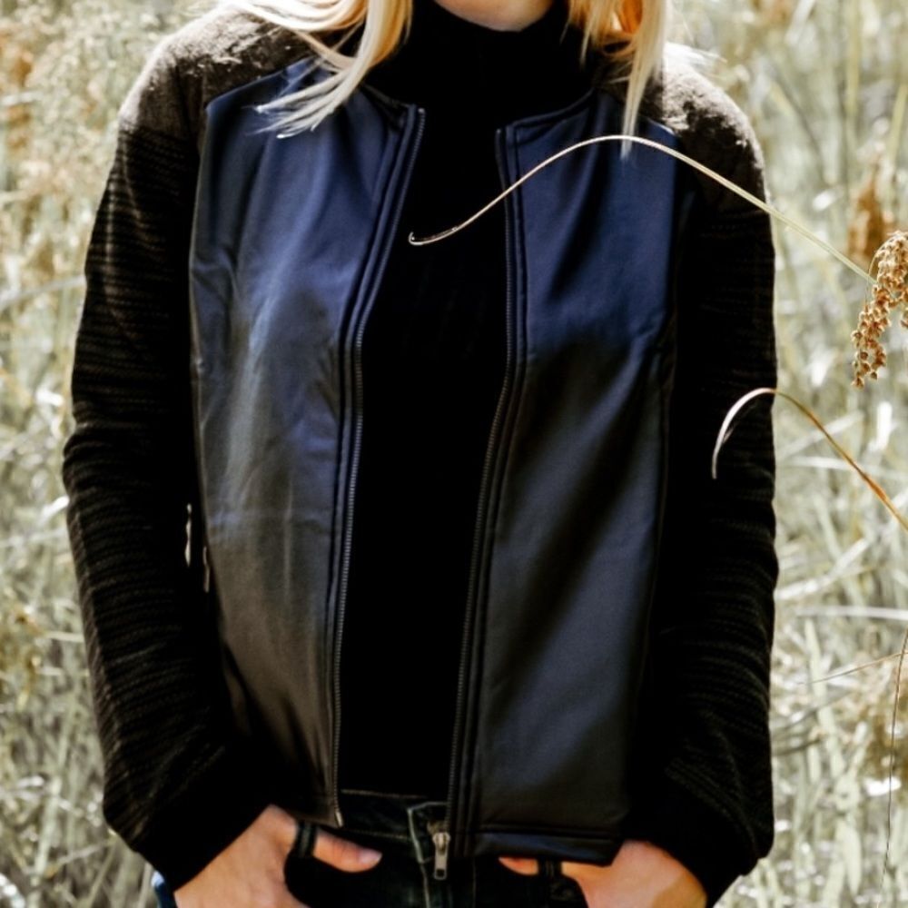 Vegan Leather/Knit Spliced Bomber Jacket - Picture 8 of 16